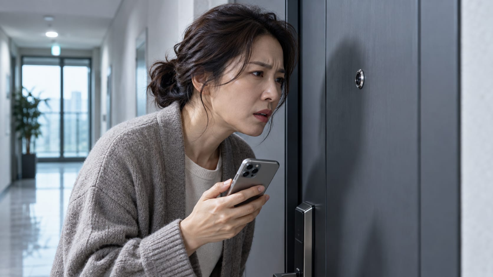 설치기사가 오지 않아 현관을 확인하며 당황하는 모습