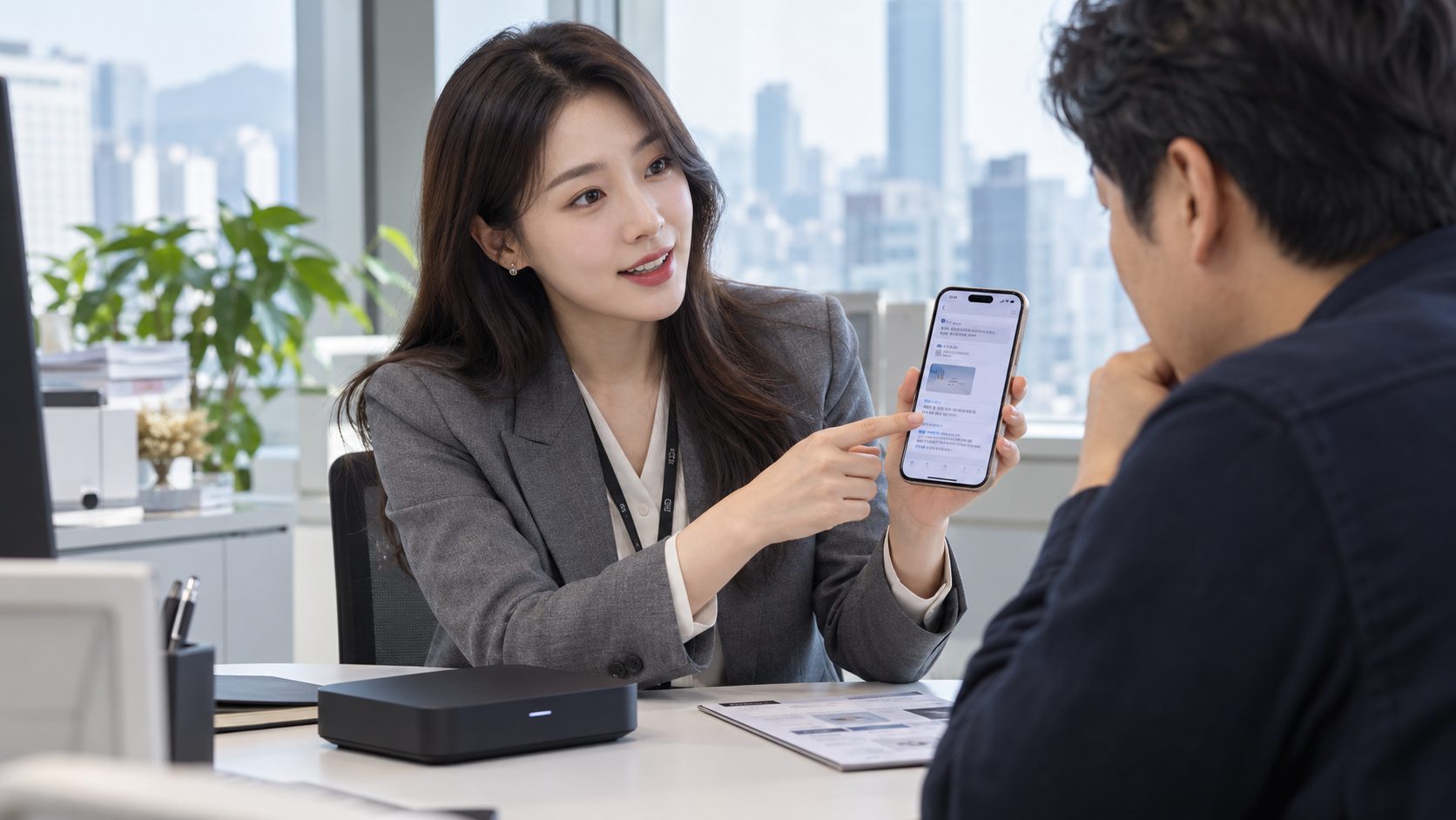 장비 임대료 종료일을 문자로 안내받는 모습