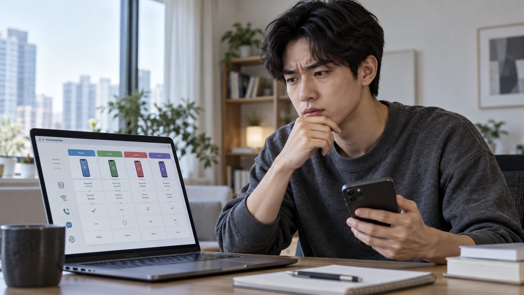 통신사 비교표를 보며 한쪽으로 치우친 추천에 의문을 갖는 모습