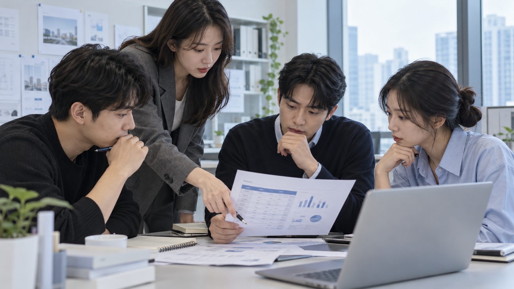 3사 비교표를 상담 원칙으로 정리하는 사무실 모습